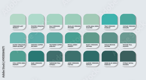 Verdigris Color Guide Palette with color Names. Catalog Samples of Neutral Verdigris RGB HEX codes and Names. Chemical compound Color Palette, Fashion Trend Pantone Verdigris paint Color Palette