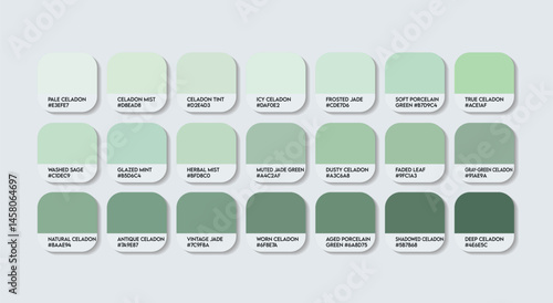 Celadon Color Guide Palette with color Names. Catalog Samples of Neutral Celadon RGB HEX codes and Names. ceramic pottery green Color Palette, Fashion Trend Pantone Celadon paint Color Palette