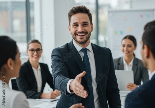 Man in suit extending hand for handshake during meeting with colleagues in a bright office space
