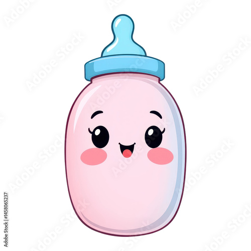 Cute Cartoon Baby Bottle with Blue Cap and Adorable Smiling Face Playful Nursery Illustration AI Generated