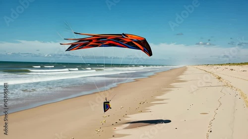 Colorful kite flying over sandy beach with ocean view  
