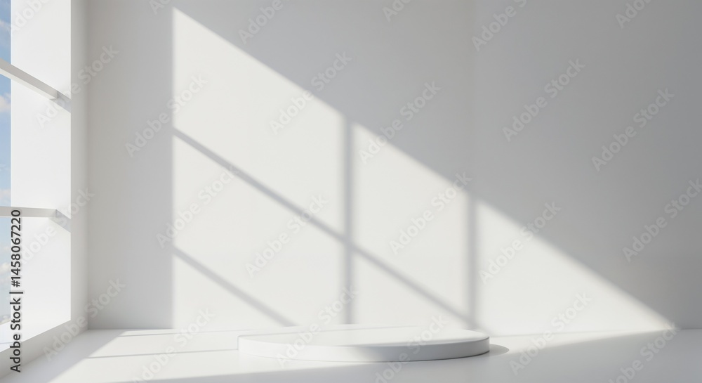 Fototapeta premium Minimalist interior with natural light and shadows on white wall 