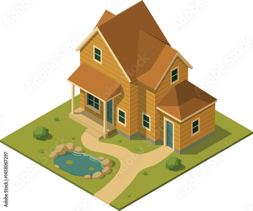 Isometric rural house with fish pond