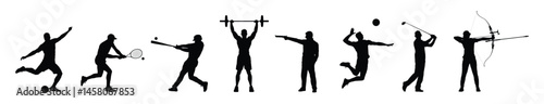 Group of different sports athlete poses vector black silhouettes set collection.