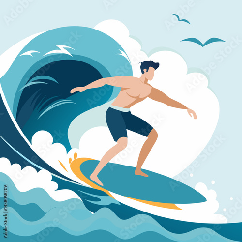 Surfer with joyful expression riding ocean waves against tropical sea background