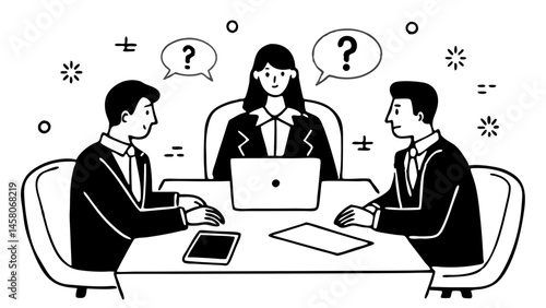 "Business Job Interview Concept: Vector Cartoon Illustration of Panel Interviewing Young Man in Suit with Laptop at Table"