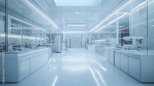 Modern science lab with sterile white workspace high resolution image