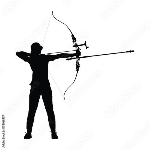 Female archer holding bow and arrow aiming archery target side view vector black silhouette.
