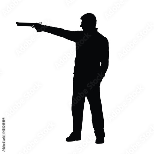 Male shooting athlete holding pistol aiming on target while standing side view black silhouette. Man holding pistol side view full length vector silhouette.