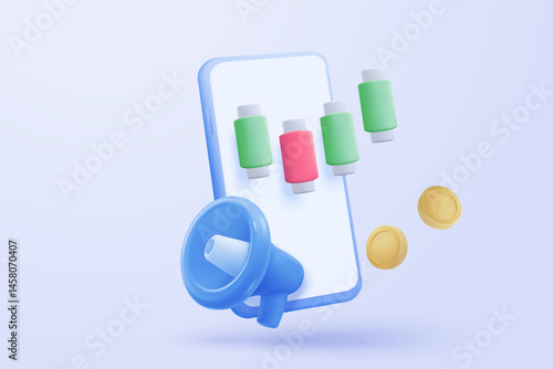 3D stock trading graph statistic report with speaker icon or loudspeaker for announce. megaphone loud shouting with finance business, analyzing investment. 3d trading icon vector render illustration