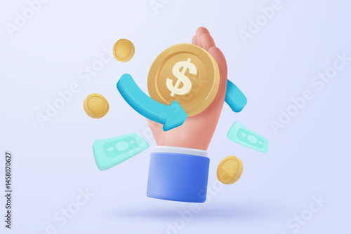 3d icon money coin transfer of finance and investment in holding hand, online payment, bundles cash and coins exchange. income wealth concepts. 3d currency change icon signs vector render illustration