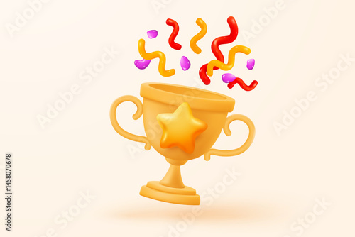 3d winner award with golden cup, gold winner stars for rewards ceremony. Contest ceremony first and second and third concept on podium. 3d trophy champion icon vector render illustration