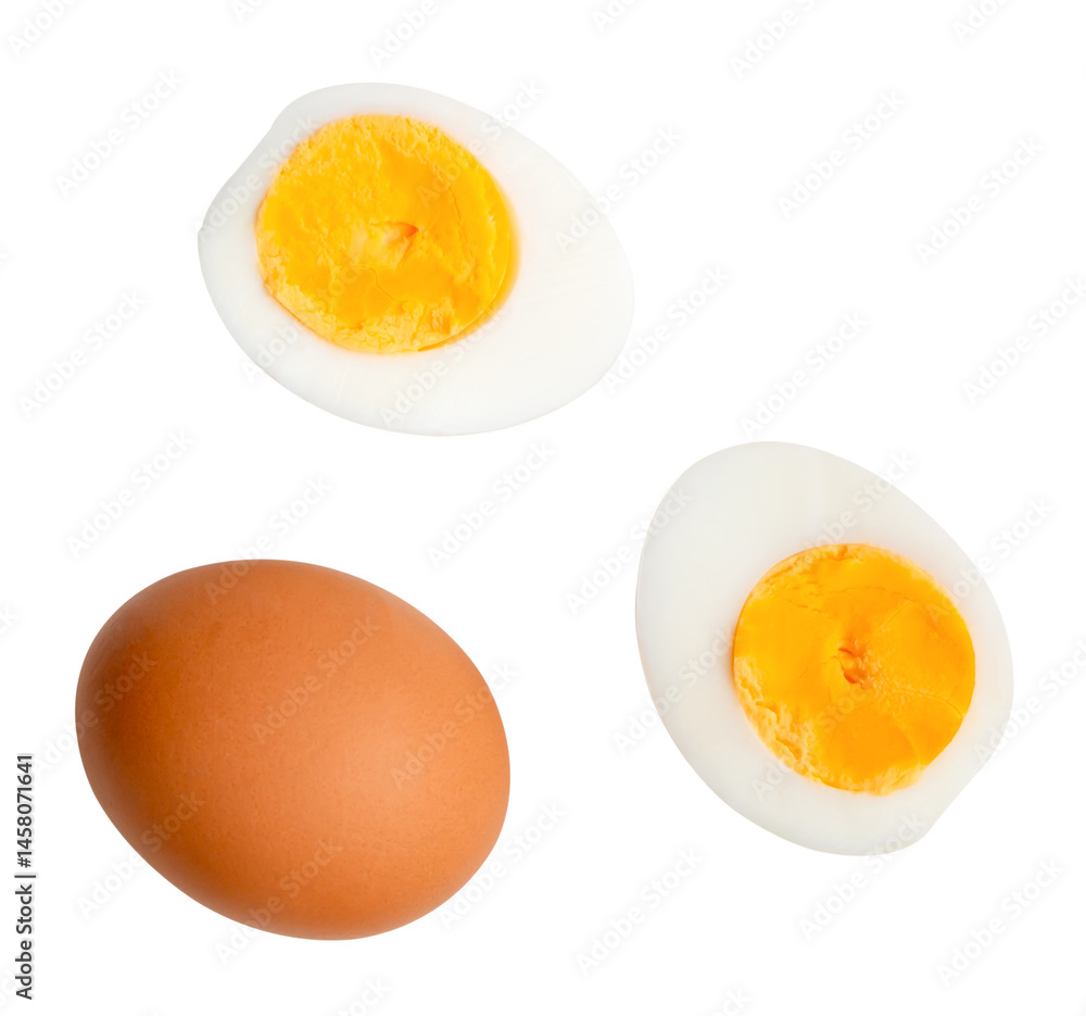 Top view set of raw chicken egg and cooked or boiled egg with egg yolk in two halves isolated on white background with clipping path Top view set of raw chicken egg and cooked or boiled egg with egg yolk in two halves isolated on white background with clipping path