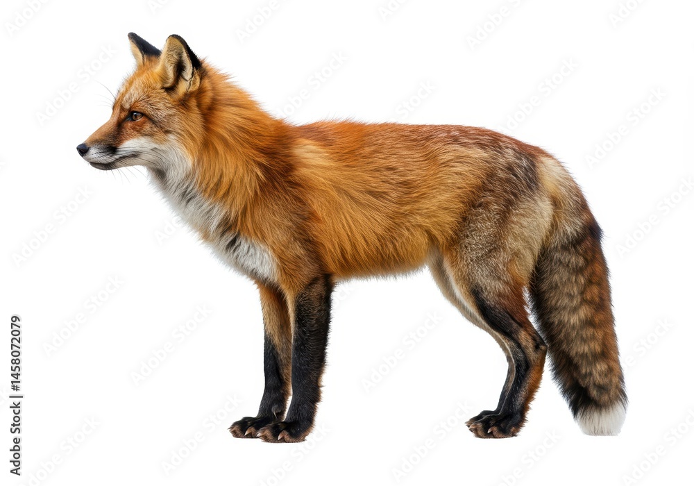 Fototapeta premium Majestic Red Fox Profile Isolated White Background Wildlife Photography Fur Tail Image Alert Animal