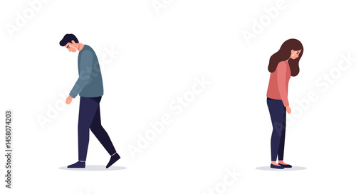 Disappointed couple walking apart in minimalistic style  