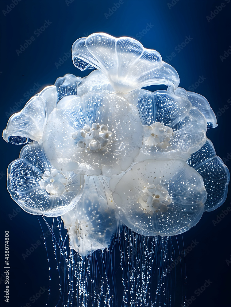 Obraz premium Cluster of luminous jellyfish in deep sea.