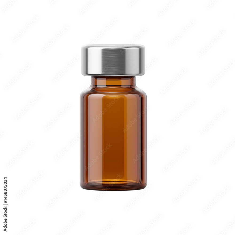 Small amber glass vial with transparent liquid, silver aluminum cap and rubber stopper, ideal for pharmaceutical or cosmetic packaging mockup, isolated on transparent background Small amber glass vial with transparent liquid, silver aluminum cap and rubber stopper, ideal for pharmaceutical or cosmetic packaging mockup, isolated on transparent background