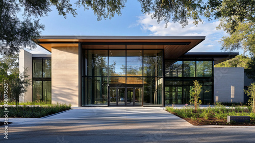 Modern glass buildings with reflective facades set against a bright fluffy white clouds, Sleek facade of modern glass office architecture reflecting the sky, Sustainable glass office building design.