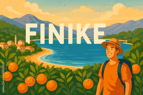 Traveler enjoying the view of Finike's coast and oranges  