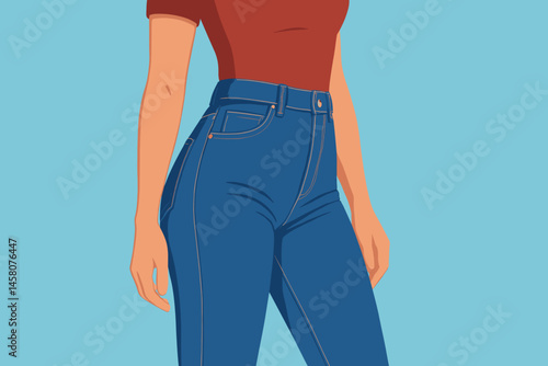 Stylish Woman in Trendy Denim Outfit against Blue Background  