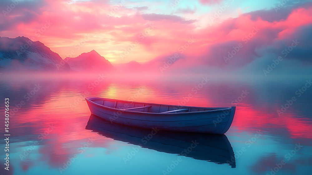 Rowboat floating in glowing pastel dream lake high resolution image Rowboat floating in glowing pastel dream lake high resolution image