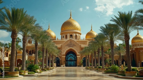 Golden Palace Entrance with Palm Trees