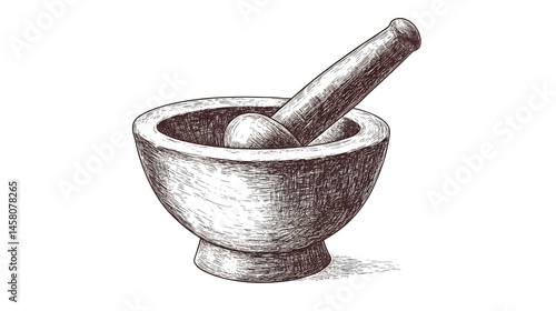 Detailed illustration of a vintage mortar and pestle.