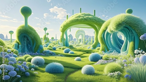 Surreal fluffy texture meadow with cotton candy clouds, giant green-white fusion mushroom in 3D rendered fantasy environment, artistic dreamscape, soft fabric landscape, imaginative nature scene