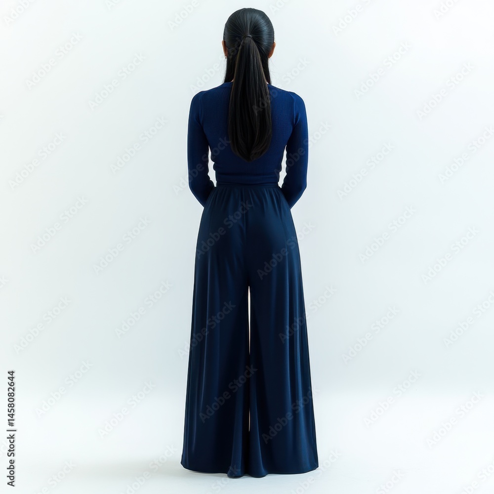 Navy Blue Wide-Leg Pants Outfit - Back View Navy Blue Wide-Leg Pants Outfit - Back View