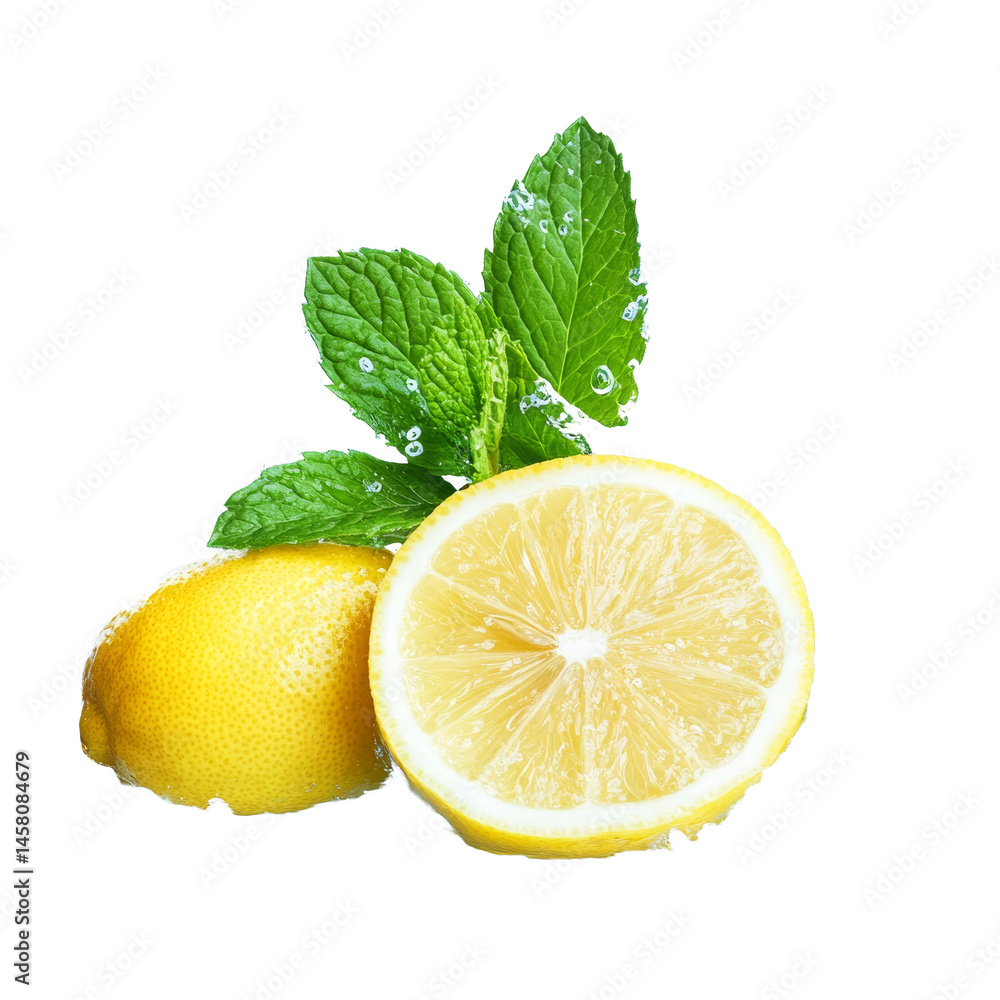 Fresh lemons and mint leaves splashing in clear water with vibrant droplets on a bright background, Lemon and fresh mint leaves splashing with water Fresh lemons and mint leaves splashing in clear water with vibrant droplets on a bright background, Lemon and fresh mint leaves splashing with water
