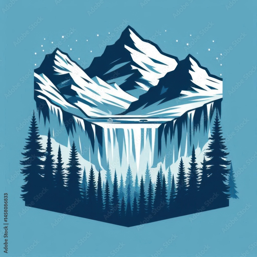 Majestic waterfall cascades amidst snow-capped mountains serene nature landscape high-quality graphic art