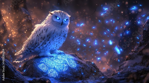 Majestic white owl perched on a mystical rock formation, surrounded by glowing light particles