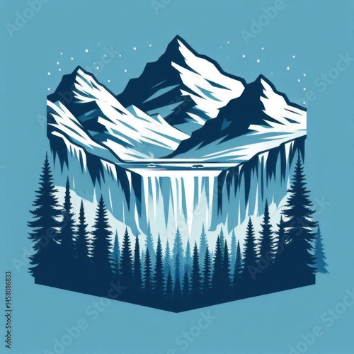 Majestic waterfall cascades amidst snow-capped mountains serene nature landscape high-quality graphic art