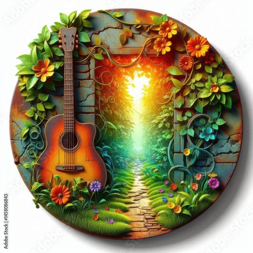 Vibrant guitar amidst nature's doorway enchanted garden digital art serene environment unique viewpoint