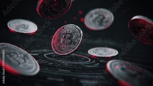 Cryptocurrency bitcoins floating in dark digital environment