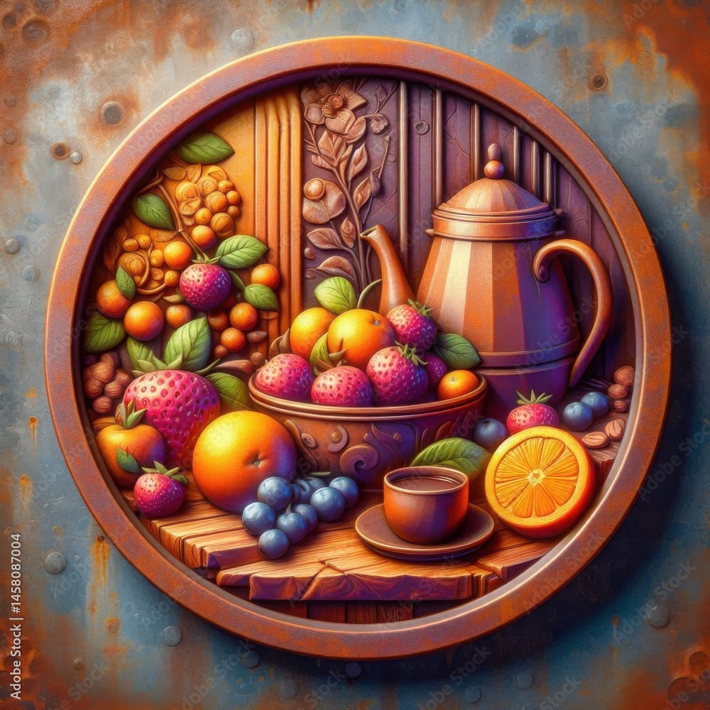 Vibrant fruit still life artful display decorative plate rustic setting close-up culinary inspiration