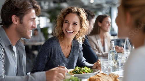 Enthusiastic coworkers are laughing together at lunch, enjoying salad and bread.