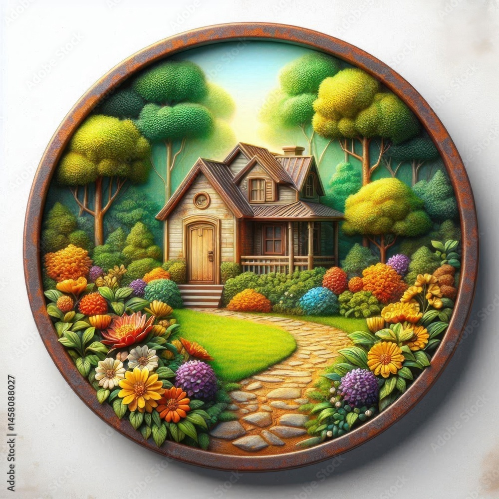 Charming house surrounded by colorful flowers tranquil garden digital artwork serene landscape vibrant nature