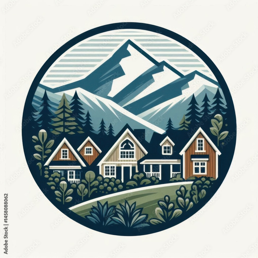 Mountain retreat homes surrounded by nature scenic view illustration peaceful environment