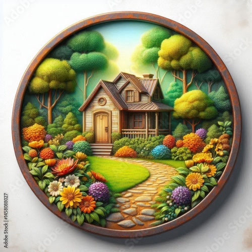 Obraz na płótnie Charming house surrounded by colorful flowers tranquil garden digital artwork serene landscape vibrant nature w salonie