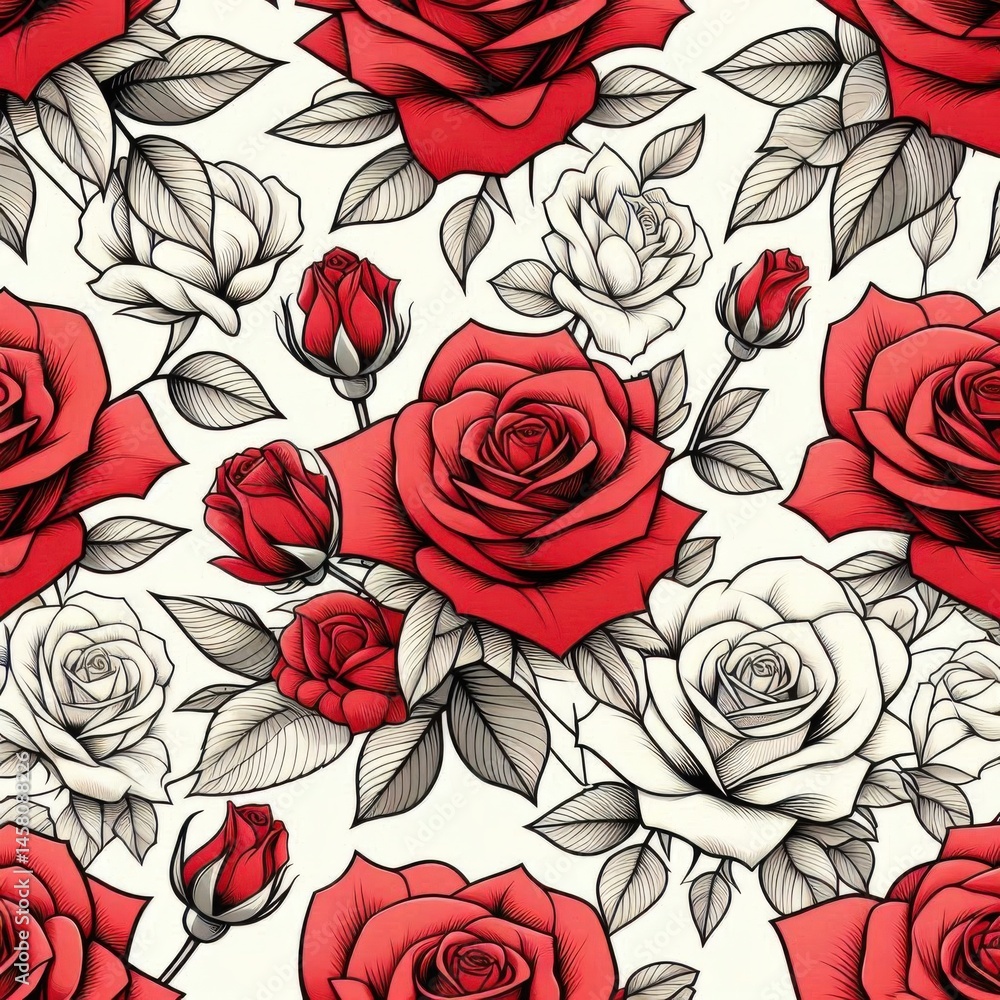 Elegant red and white roses floral pattern design textile art light background close-up nature beauty