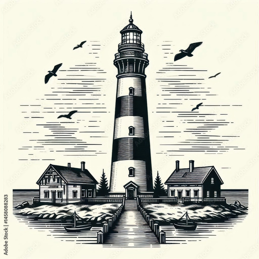 Scenic lighthouse standing tall coastal region artistic illustration clear sky front view nautical ambiance for seo