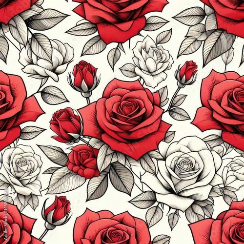 Obraz na płótnie Elegant red and white roses floral pattern design textile art light background close-up nature beauty w salonie