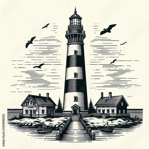 Obraz na płótnie Scenic lighthouse standing tall coastal region artistic illustration clear sky front view nautical ambiance for seo w salonie