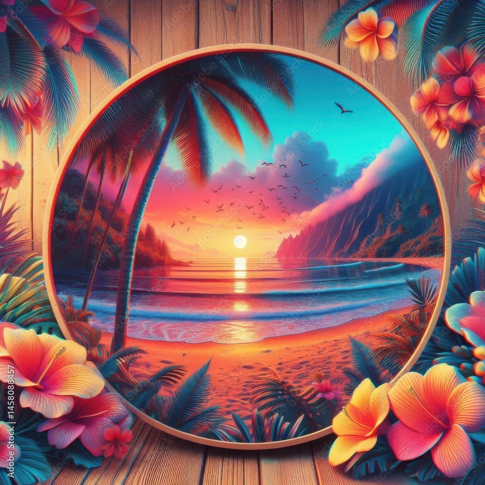 Tropical sunset beach scene coastal paradise digital art vibrant colors serene atmosphere aesthetic view