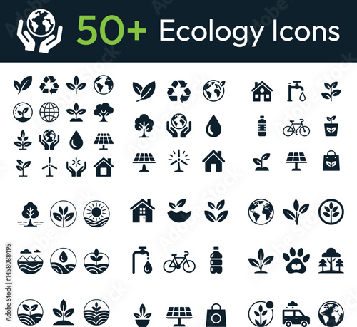 Minimalist Ecology Icons – Black and White Sustainability and Environmental Symbols for Green Design