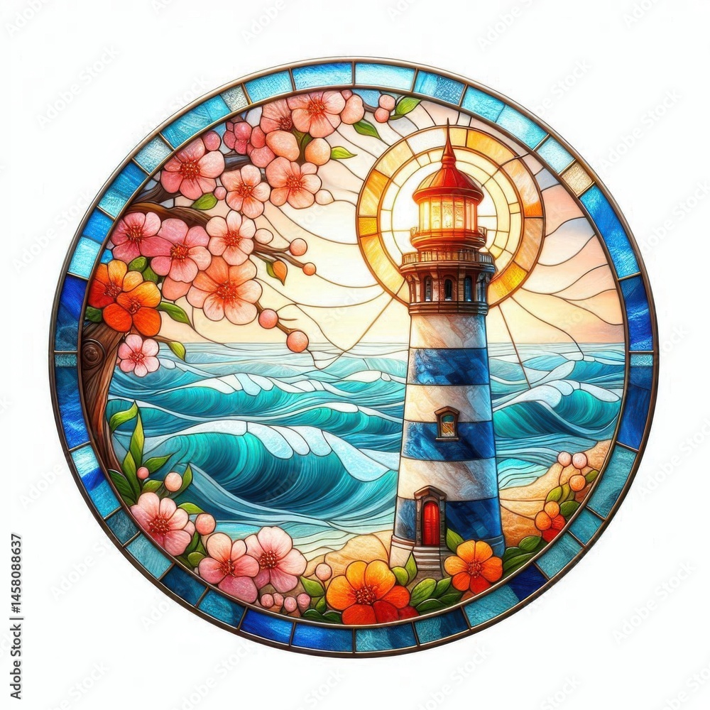 Lighthouse illuminating waves and blossoms coastal scene stained glass art serene environment artistic viewpoint