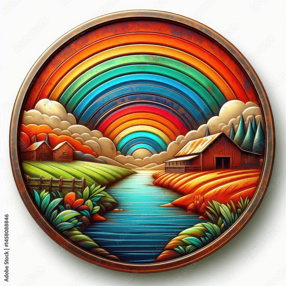 Vibrant rainbow landscape serene river digital art peaceful environment aerial view nature's beauty