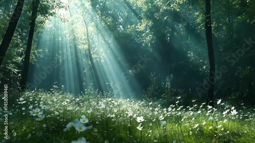 Sunbeams pierce a misty forest, illuminating a field of delicate white wildflowers
