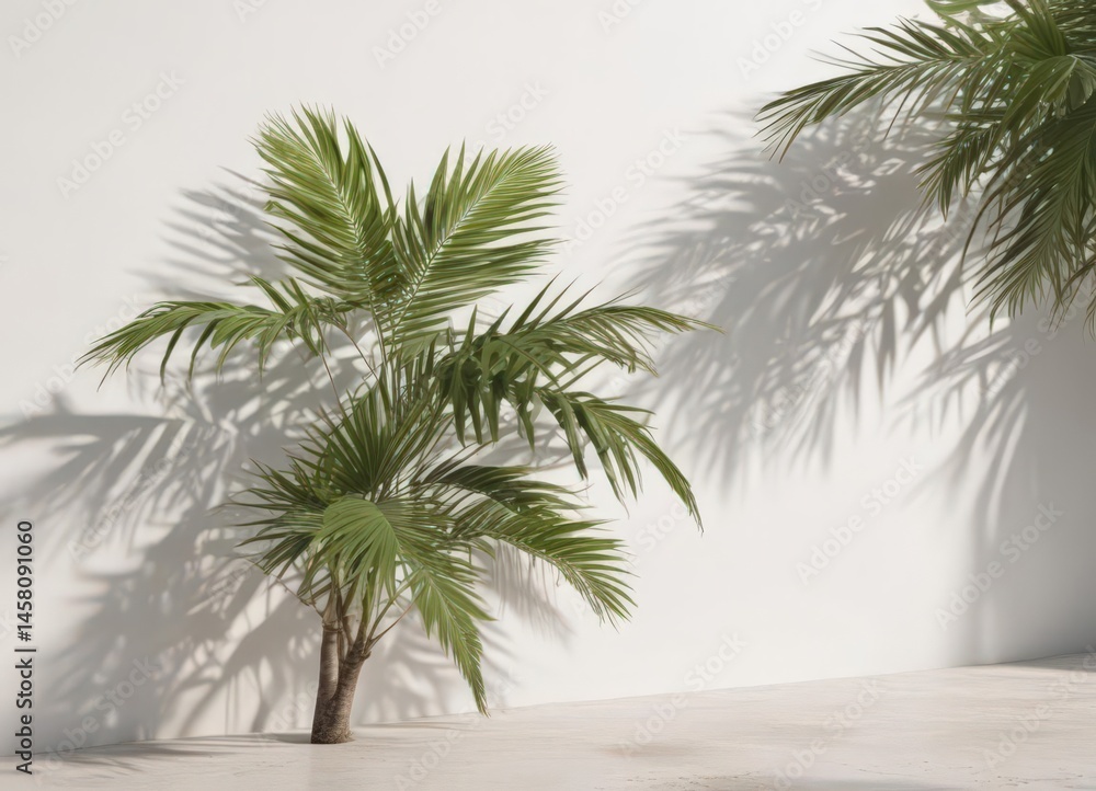 Fototapeta premium Crisp shadow of palm fronds on bright white wall Tropical, summer, sun , tropical, design